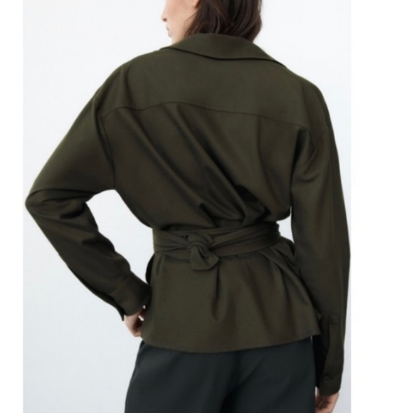 Zara Belted Pocket Blazer Jacket Tie Waist Khaki Size XS - Picture 2 of 12